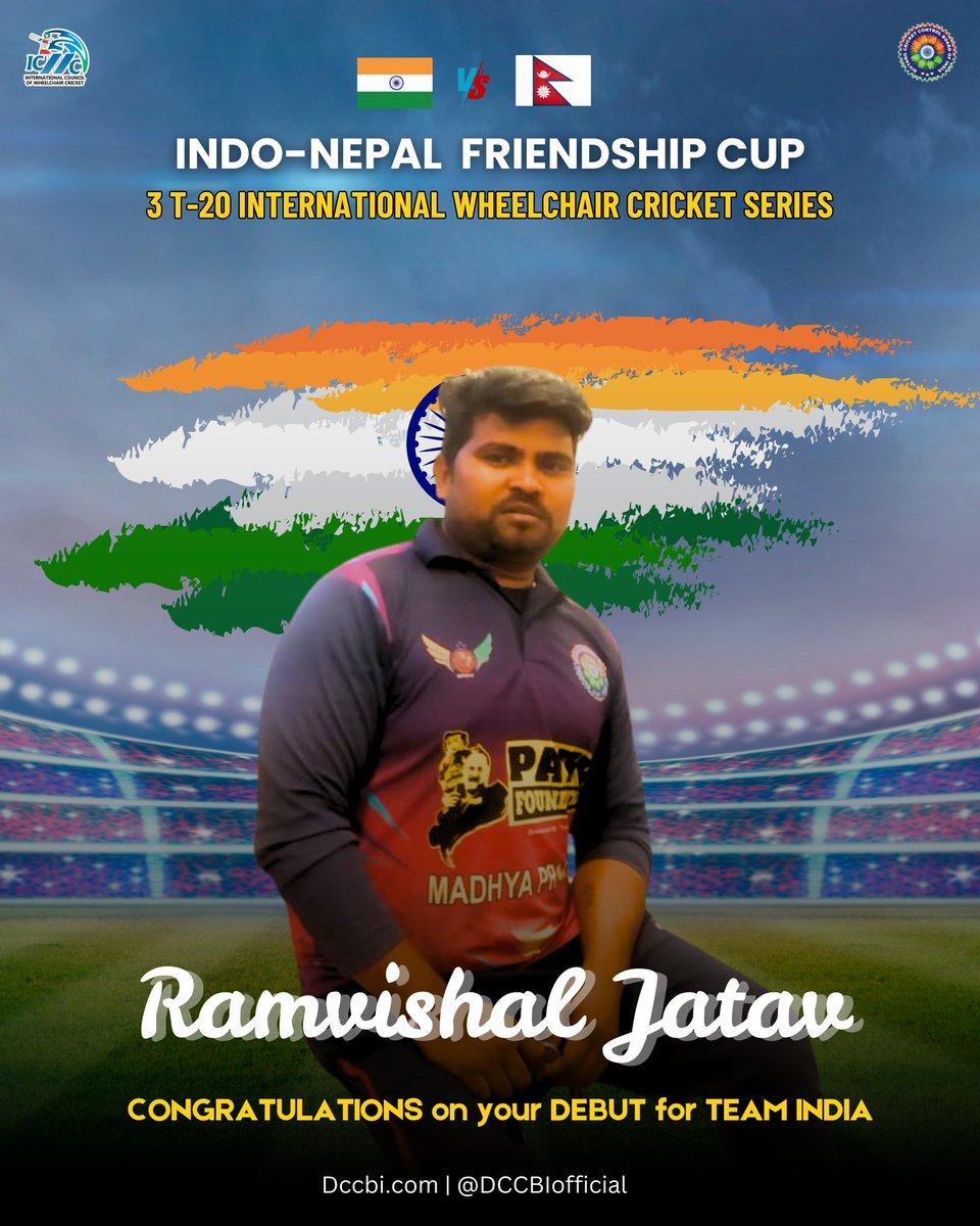 A big shoutout to Ramvishal Jatav on making his debut for the Indian Wheelchair Cricket Team in the Indo-Nepal Friendship Cup 2025! 🏏🇮🇳
Let’s cheer for our champion! 🎉🏆

#IndoNepalFriendshipCup #WheelchairCricket #TeamIndia #RisingStar #CricketForAll #DCCBI  #DivyangCricket