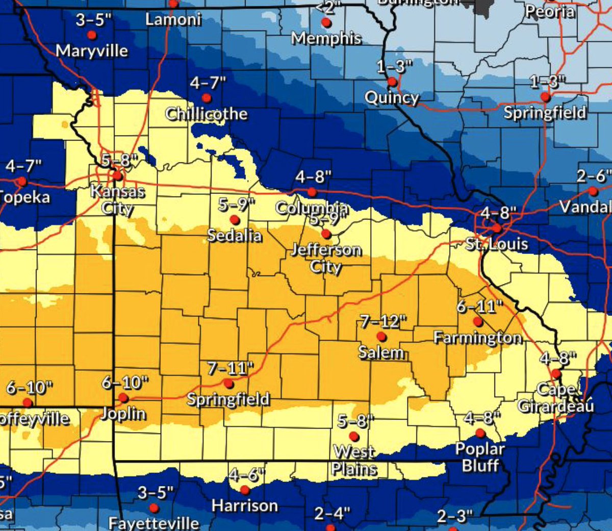 MoSEMA_'s tweet photo. ‼️ Another winter storm will bring heavy snow &amp; widespread travel impacts late TONIGHT through early WEDNESDAY with the most significant amounts along &amp; south of I-70.
‼️ Wind chills will also be dangerously low over the next few days. Prepare now &amp; plan to stay in if you can! https://t.co/z1ByuRrdGJ