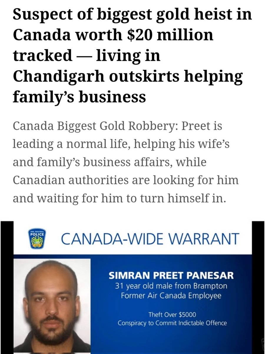 KirkLubimov's tweet photo. While Canadian authorities are looking for the suspect behind Canada's biggest gold heist a few journalists found him living in India.

Simran Preet Pansear from Brampton (of course), was suppose to turn himself in but I guess decided to go and help a family business in India wink wink.

Canada is a comedy skit.