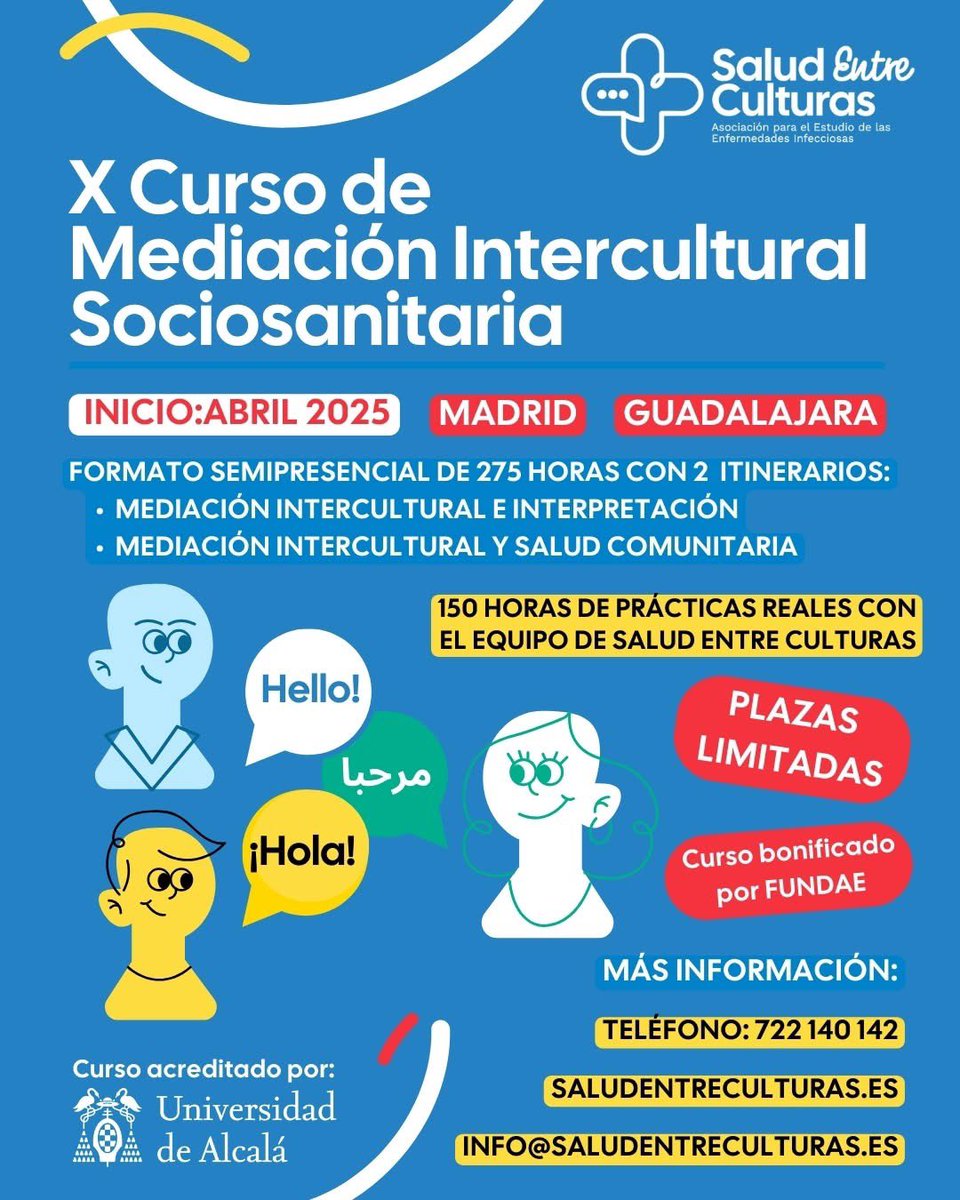 El X Curso de Mediación Intercultural Sociosanitaria llega con 4 novedades:
- 2 especialidades: Interpretación o Salud Comunitaria
- Acreditación de la Universidad de Alcalá
- Bonificación de Fundae
- Opción de financiación

Info y reserva de plaza: forms.gle/UPfrBx8uMfurEK…