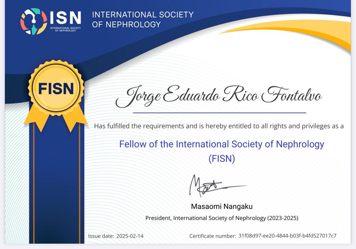 jorgericof's tweet photo. Oficialmente Fellow de la Sociedad Internacional de Nefrología . Muchas gracias @ISNkidneycare #FISN. https://t.co/hexBlZzwGS