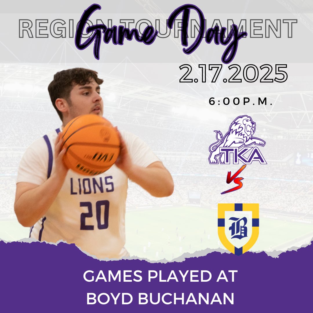 It’s Regional Tournament time!! <a href="/TKA_Lions_Hoops/">TKALionsBasketball</a> will travel to Boyd Buchanan for the first round of the region tournament tonight against Boyd Buchanan. Tip-off is set for 6:00 p.m. Come out tonight and cheer on your Lions!!