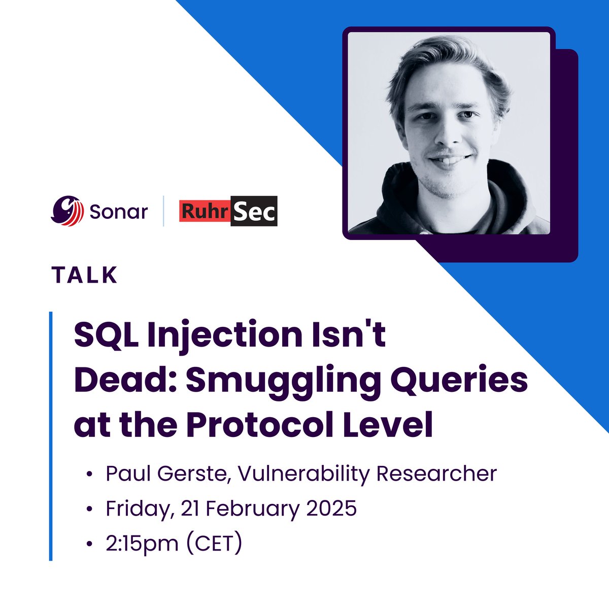 Sonar Research (@sonar_research) on Twitter photo Two weeks ago, our research on SQL Injection via Protocol Smuggling landed 2nd place in <a href="/PortSwiggerRes/">PortSwigger Research</a>'s Top 10 Web Hacking Techniques of 2024! 🥈
If you haven't seen it yet or want to chat with our researcher Paul, don't miss his presentation at RuhrSec this Friday: Two weeks ago, our research on SQL Injection via Protocol Smuggling landed 2nd place in <a href="/PortSwiggerRes/">PortSwigger Research</a>'s Top 10 Web Hacking Techniques of 2024! 🥈
If you haven't seen it yet or want to chat with our researcher Paul, don't miss his presentation at RuhrSec this Friday: