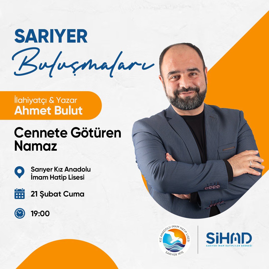 Sarıyer Buluşmaları Şubat ayı programına davetlisiniz.. 
Konuşmacı: İlahiyatçı Yazar Ahmet Bulut
📍Sarıyer Kız Anadolu İmam Hatip Lisesi
21 Şubat Cuma 
Saat: 19.00 
<a href="/ahmedbulut/">Ahmet Bulut</a> 
#SarıyerBuluşmaları 
#sihadsarıyer