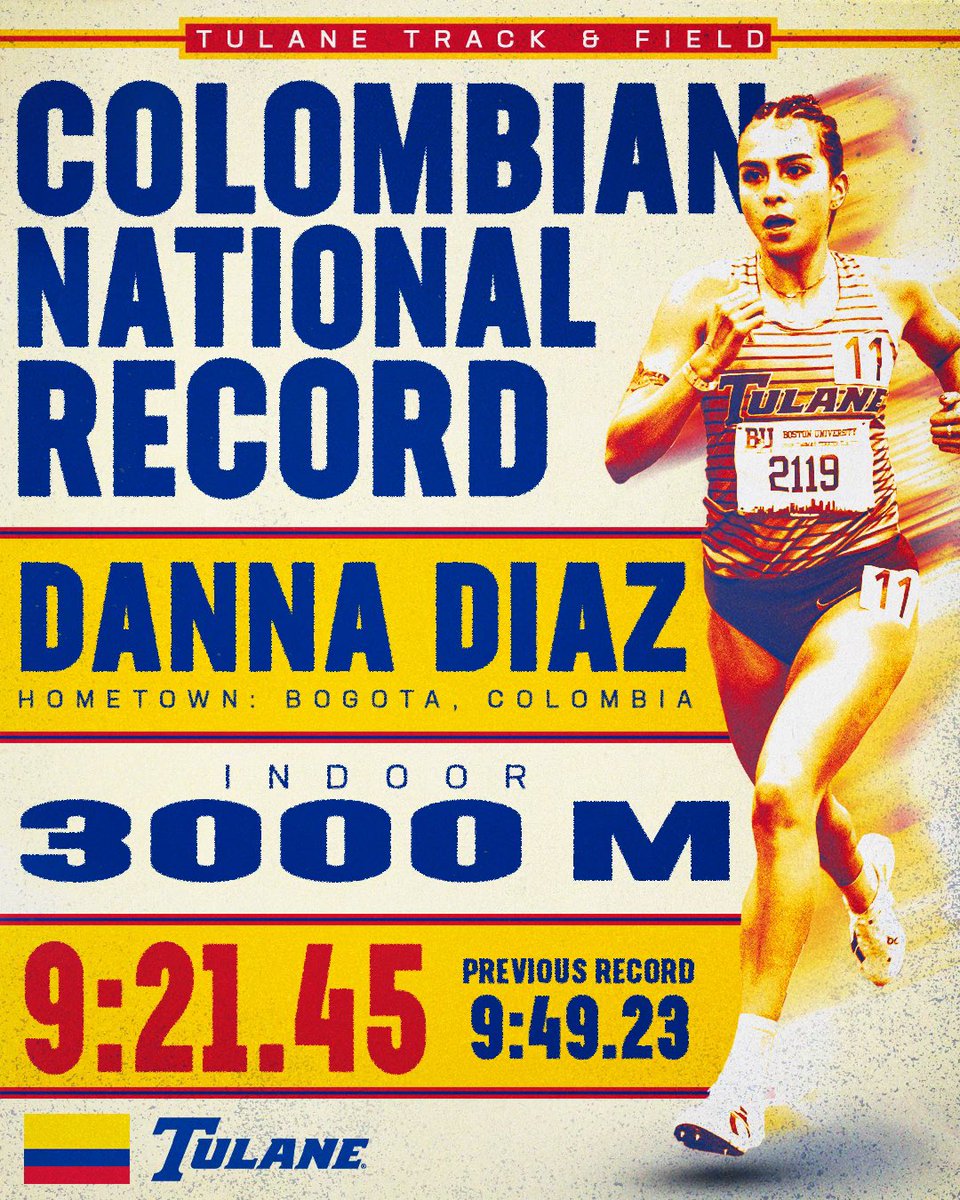 GreenWaveXCTF's tweet photo. Danna Diaz broke the Colombian national record for the women’s indoor 3,000m this weekend! She cleared it by nearly thirty seconds 🏆🇨🇴

#RollWave🌊 | #RunWave👟 | #SetTheStandard📈 https://t.co/bKR55WoOC0
