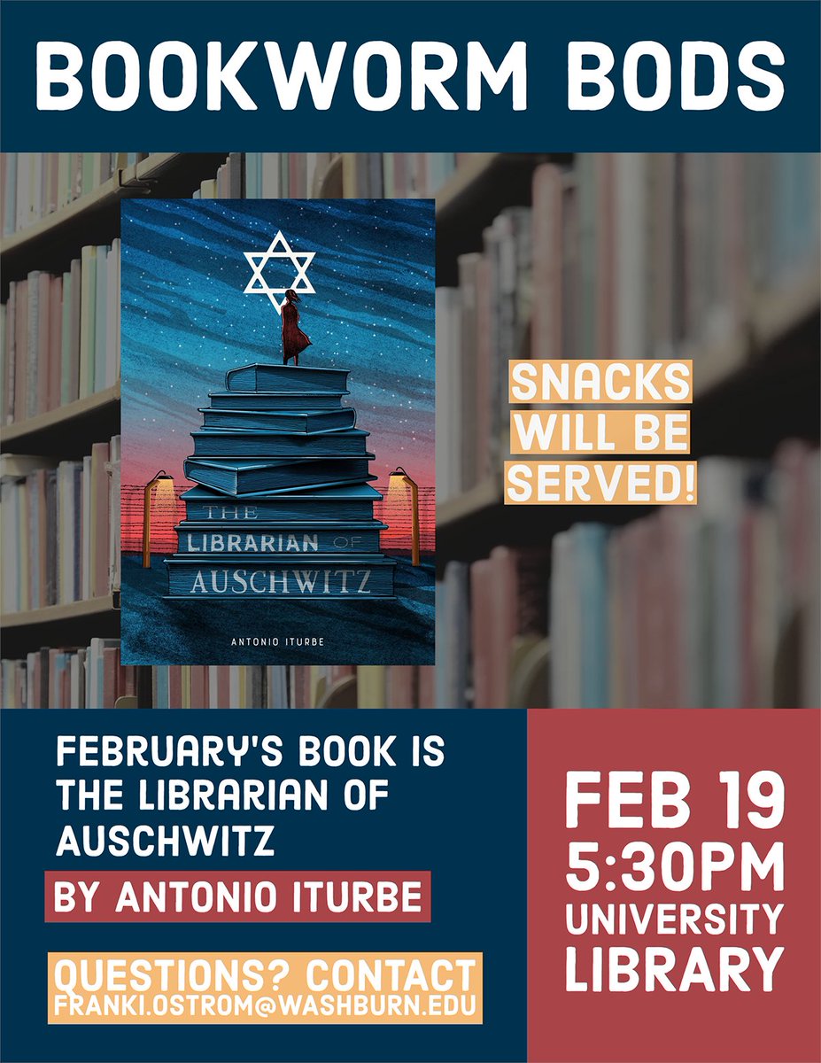 What's going on this week:
MON
10AM-2PM Resume Roadshow - Library's Main Level
11AM-1PM Top Hat - Washburn A/B

TUE
4PM FAFSA Workshop - Library Room 224C

WED
10AM-2PM Spring Career Fair - Lee Arena
5:30PM Bookworm Bods discuss "The Librarian of Auschwitz" - Library's Main Level