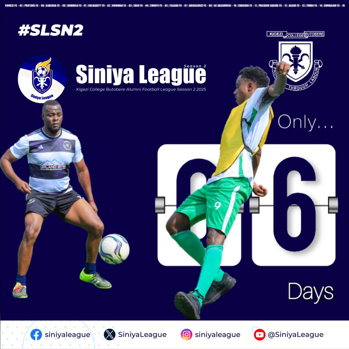 SiniyaLeague's tweet photo. 6οΈβ£ Daysβ³
In just 6 days, the highly anticipated Siniya League Season 2 begins!
Intense matches, fierce competition, & thrilling moments that will keep you on the edge of your seat.
PAY | PRACTICE | PLAY
#SLSN2
#GameOn
#SiniyaLeague
#GivingBackToSiniya
#KigeziCollegeButobere https://t.co/hvEwQDBvDE