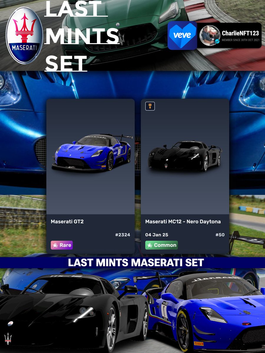 CharlieNFT123's tweet photo. 🚗💨 Maserati Last Mints Collection 🏁
Two legendary models, symbolizing speed, elegance, and exclusivity. Proud to add these last mints collectibles to my VeVe collection! 🌟
Special thanks to @ItzMeImHim1 and Anthony Masciangelo for the opportunity to be the owner of these wonderful mints🙏

#VeVe #Maserati #DigitalCollectibles #LastMints