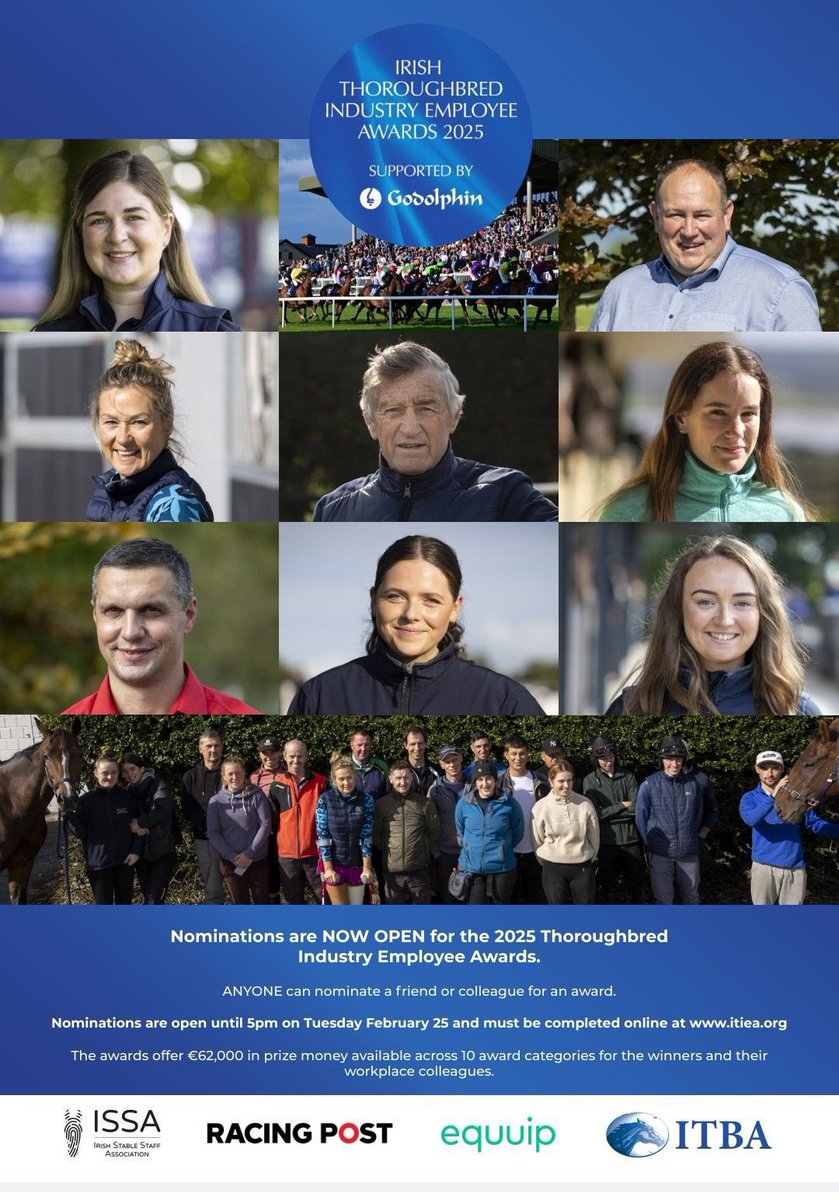 Irish Thoroughbred Industry Employee Awards 2025. Nominations are open until 5pm on 25th February. ➡️ itiea.org/?fbclid=IwY2xj…
