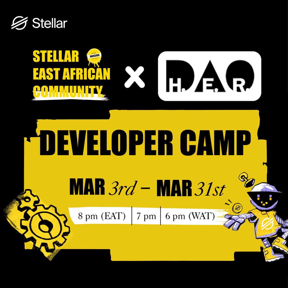 STELLAR EAST AFRICA X H.E.R. DAO DEV CAMP IS COMING!

Bringing new builders from web2 and upskilling web3 devs to 
<a href="/BuildOnStellar/">Build on Stellar</a>
with 
<a href="/StellarEastAfri/">Stellar East African Community</a>  

Led by our African DAOs we will onboard hundreds of new devs over a month long jam packed program!

<a href="/_HerDAO/">H.E.R. DAO</a> for the win