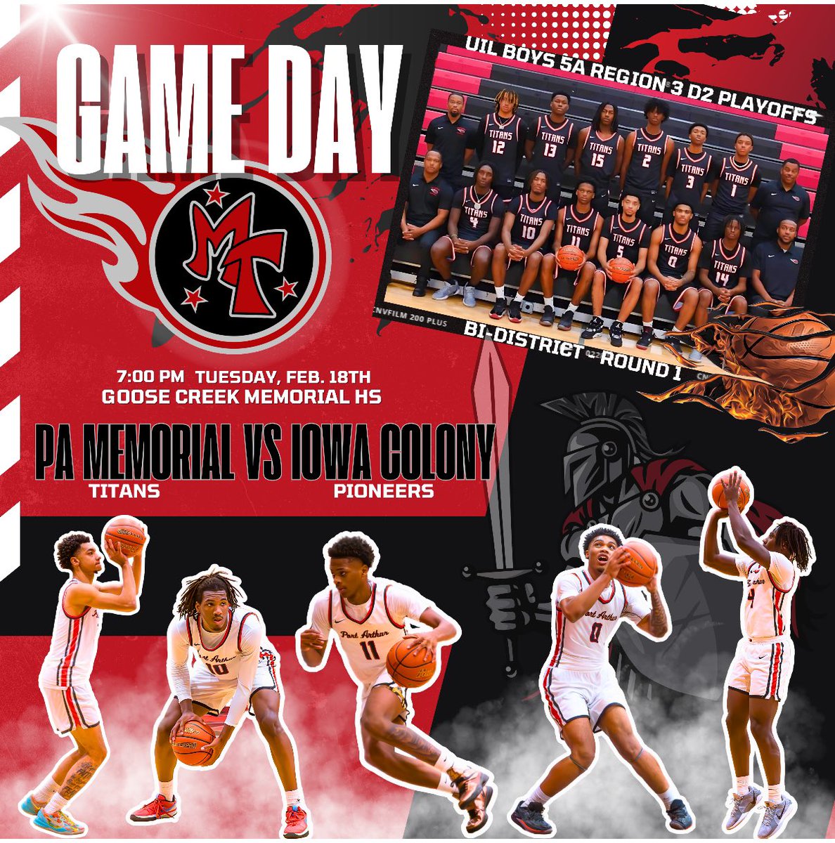 Port Arthur Memorial Titans Boys Basketball🔴⚫️⚪️ (@pamemorialbb) on Twitter photo 🚨Bi-District Playoff Game Tomorrow 🚨
🗓️: Tuesday, Feb. 18th
🆚: Iowa Colony
@: Goose Creek Memorial HS
⏰: 7pm
🎟️: Sold only online gccisd.net/page/Athletics…
Come out and support your Titans!!!
<a href="/portarthurisd/">Port Arthur ISD</a> <a href="/hoopinsider/">Hoopinsider</a> 🚨Bi-District Playoff Game Tomorrow 🚨
🗓️: Tuesday, Feb. 18th
🆚: Iowa Colony
@: Goose Creek Memorial HS
⏰: 7pm
🎟️: Sold only online gccisd.net/page/Athletics…
Come out and support your Titans!!!
<a href="/portarthurisd/">Port Arthur ISD</a> <a href="/hoopinsider/">Hoopinsider</a>
