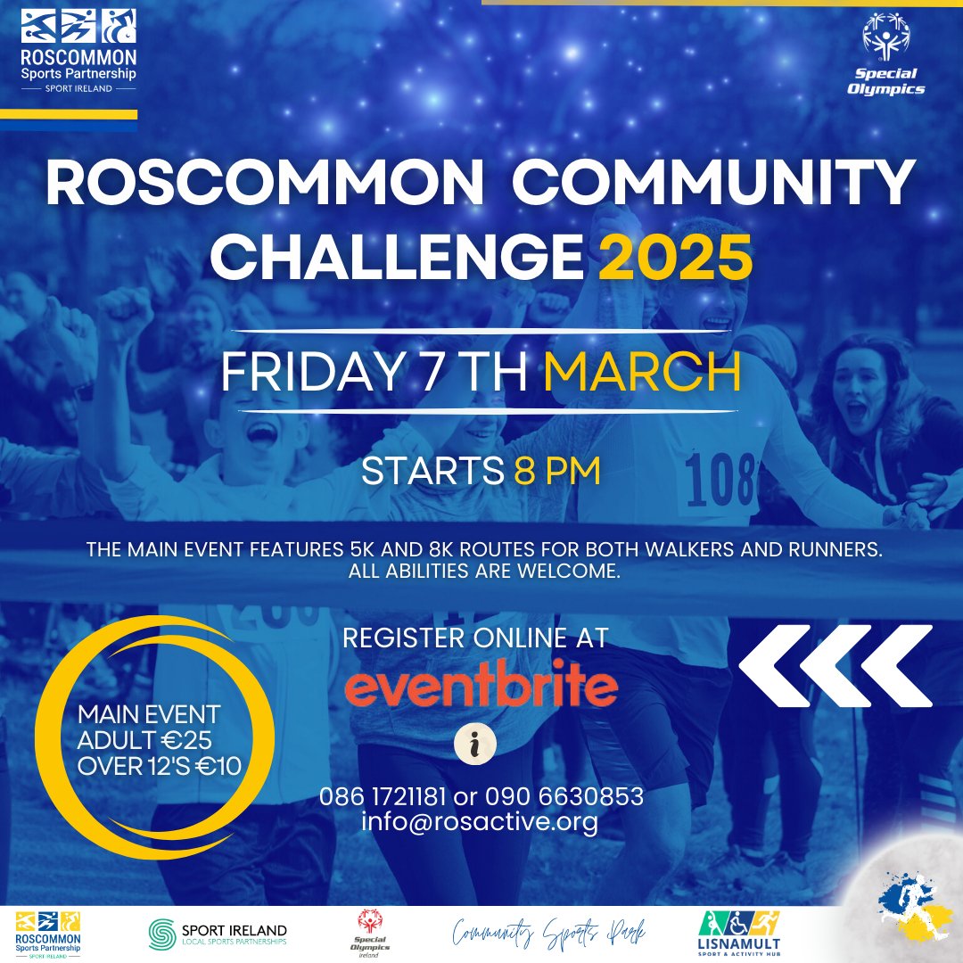 Register for the Roscommon Community Challenge Run or Walk on Friday 7th March at 8:00 PM. 
eventbrite.com/e/1080453398199

#KeepingRoscommonActive #roscommon #run #walk