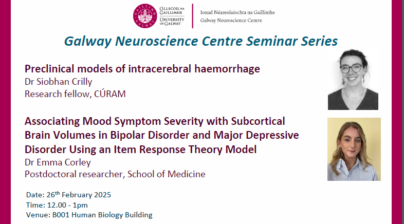 Our next seminar will be next week on February 26th, showcasing research from Dr Siobhan Crilly &amp; Dr Emma Corley, not to be missed! 🧠🧠

Also if you're moving to getting your neuro news updates from Bluesky you can now find the GNC there as well! @galwayneuro.bsky.social