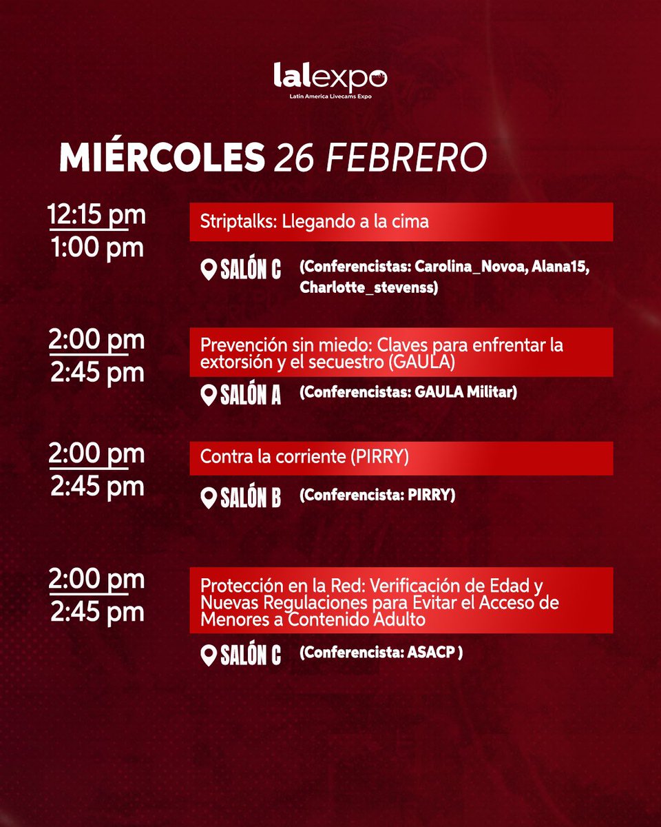 PROGRAMACIÓN OFICIAL 26 DE FEBRERO 🙌🏼😎
Toda nuestra programación está en nuestra página web lalexpo.com