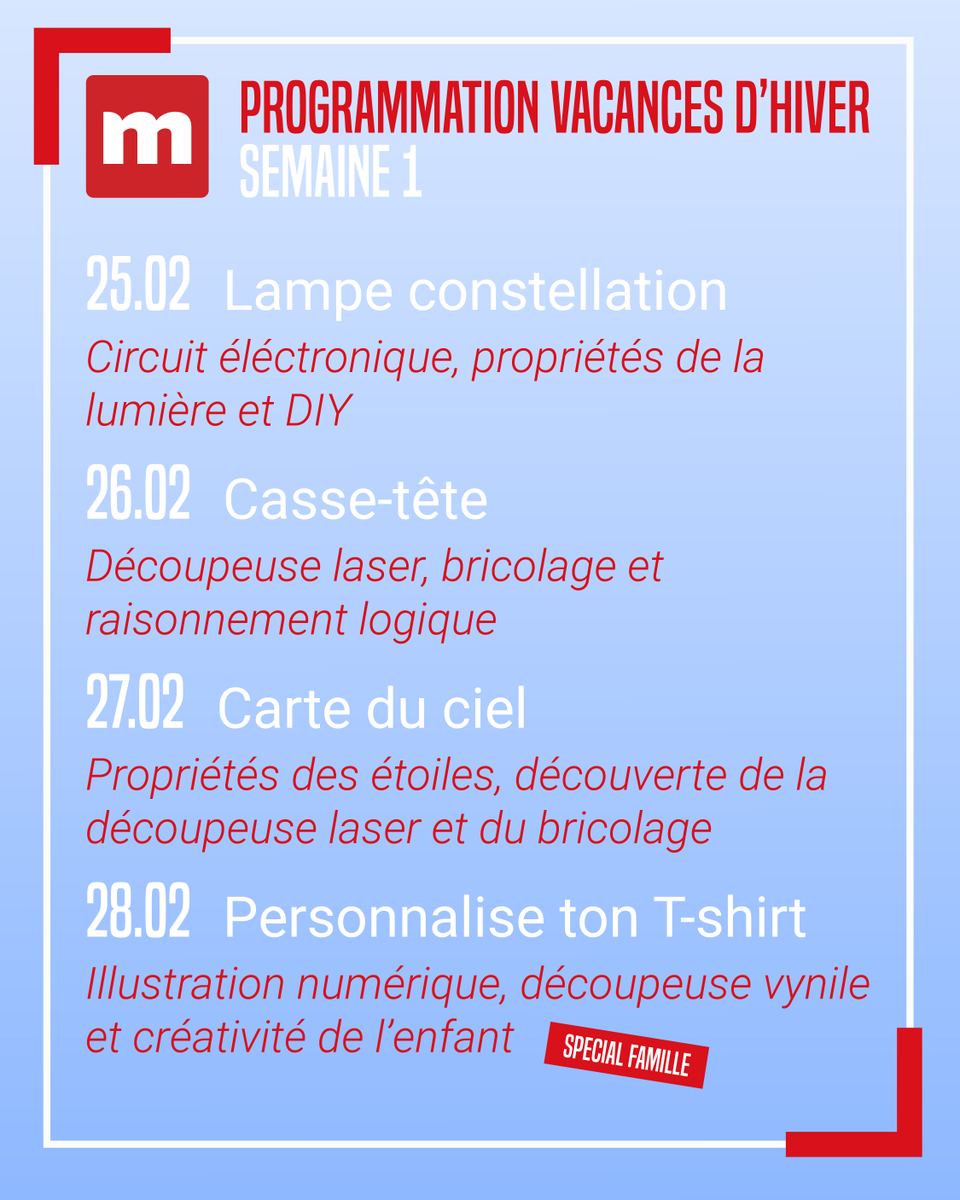 Voici la programmation de la première semaine des vacances ! 

👉 Tu veux découvrir nos ateliers créatifs au Fab Lab de La Casemate ou t’inscrire ? Rendez-vous sur notre site lacasemate.fr pour tous les détails !

#GrenobleVacances #GrenobleFabLab #FabLab #Casemate #DIY