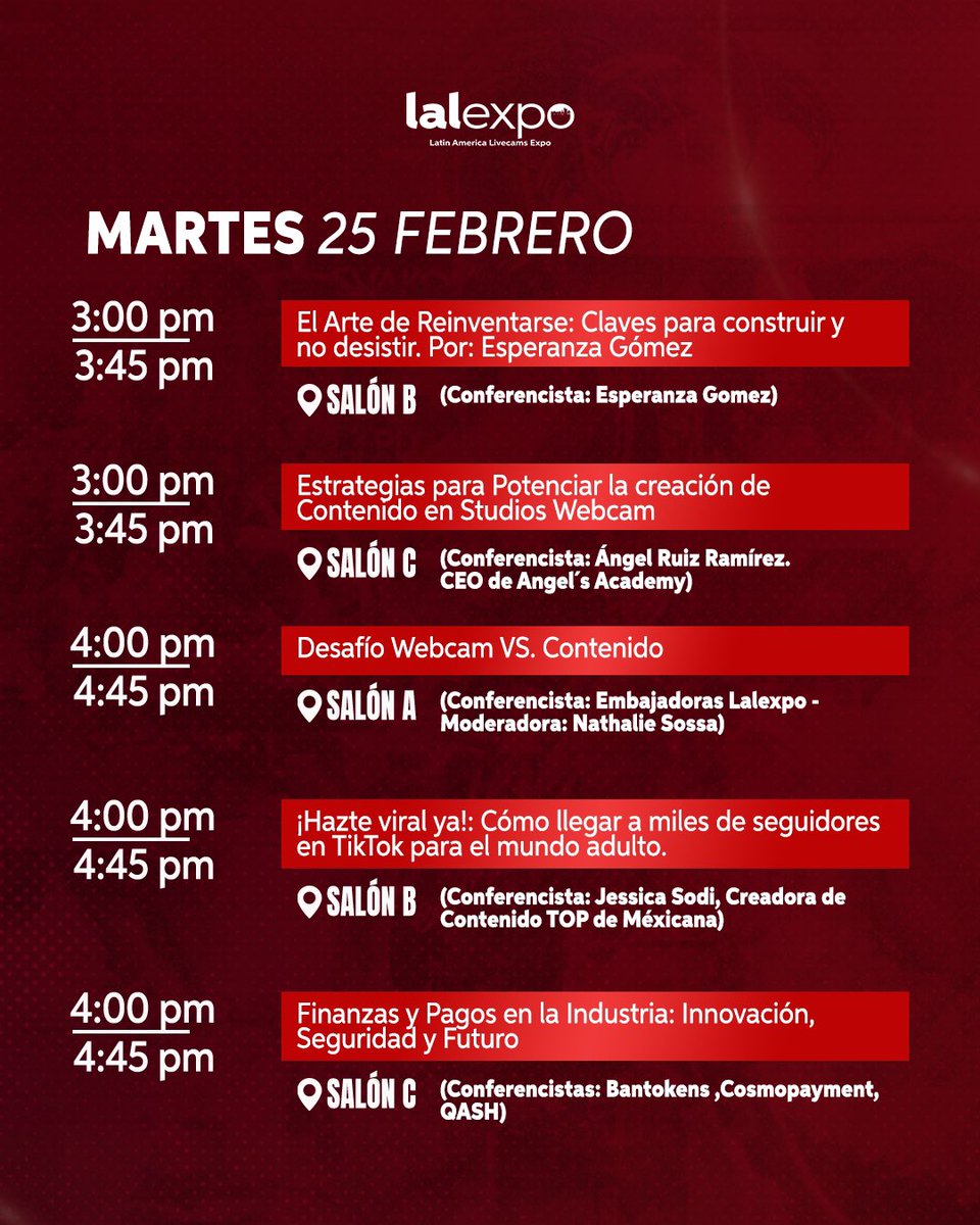 PROGRAMACIÓN OFICIAL 25 DE FEBRERO 🙌🏼😎
Toda nuestra programación está en nuestra página web lalexpo.com