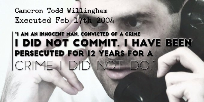 I remember #CameronWillingham executed by the state of Texas on Feb 17, 2004. He was executed despite compelling evidence of his innocence. Accused of killing his children, experts said the fire was likely the result of a terrible accident, not a crime.
#InnocentAndExecuted