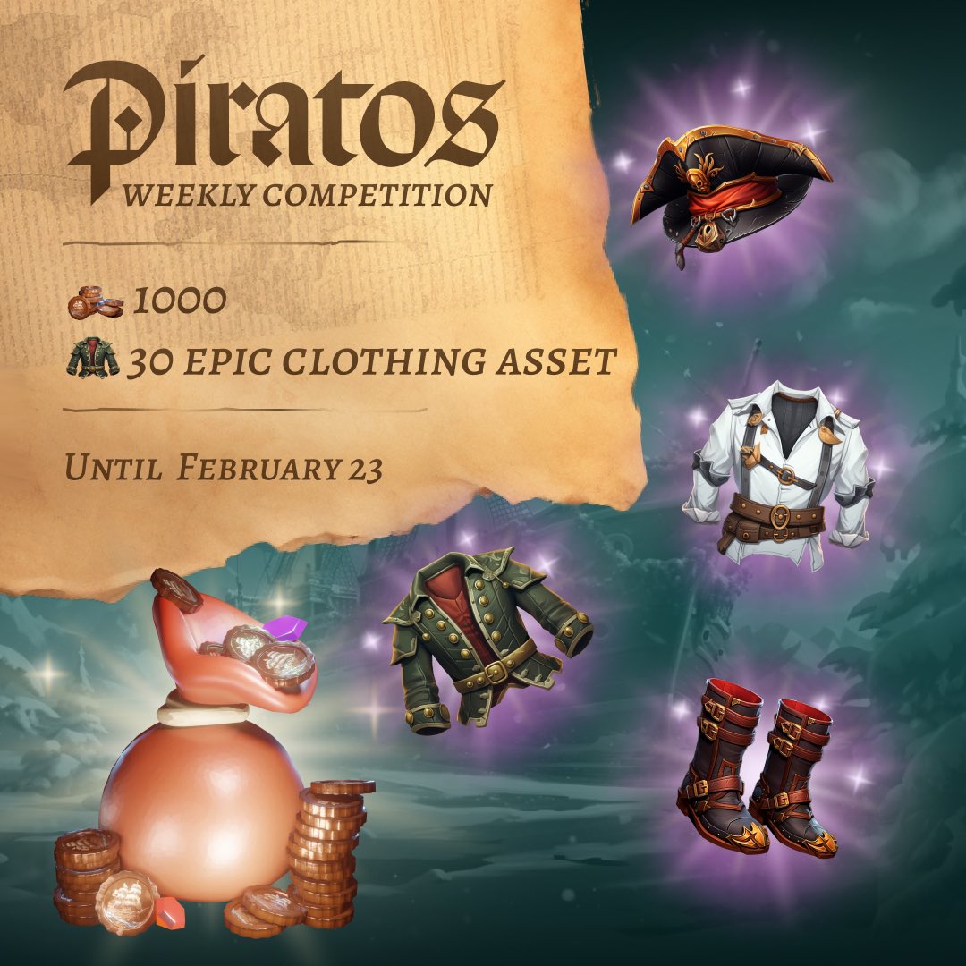 🔥Piratos Weekly #Contest : Win amazing rewards through simple tasks!🔥

📆 Ends on February 23

🎁 Finish all tasks and receive guaranteed 1000 COPPER COINS!
 ⭐️ 30 lucky pirates will win an EPIC CLOTHING ASSET!

✅ Check out the details:
forms.gle/BXuPqhvbtk8eBC…

#P2E #Crypto
