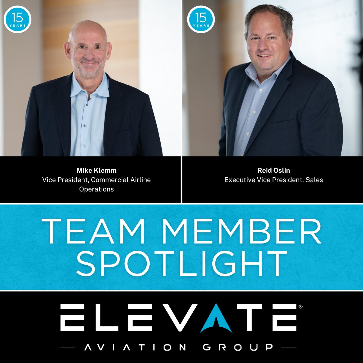 ElevateAvGroup's tweet image. #TeamMemberSpotlight ✈️

Celebrating Reid Oslin &amp;amp; Mike Klemm on 15 years with Elevate Aviation Group! 🎉

Reid has been key in managing travel for top names in sports &amp;amp; entertainment, while Mike drives excellence in sales operations.