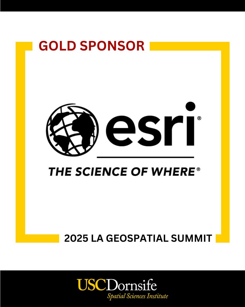 USC_SSI's tweet photo. Thank you, @Esri, for being a Gold Sponsor for the 2025 #GeospatialSummit! They're also sponsoring the LA Geospatial Summit ArcGIS StoryMap competition. Don't miss it!
➡️ ArcGIS StoryMap Competition @ 10:30 AM PST
➡️ Esri announces the winners of the competition @ 2:45 PM PST https://t.co/cuxnBIqssJ