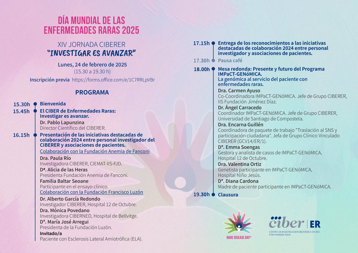 No olvides que el próximo 24 de febrero participamos en las XIV Jornada CIBERER "Investigar es avanzar" coincidiendo con el #DíaMundialdelasEnfermedadesRaras
✍️Apúntate aquí: forms.office.com/e/1C7RRLpVBr
Te esperamos❗ 
#investigaresavanzar