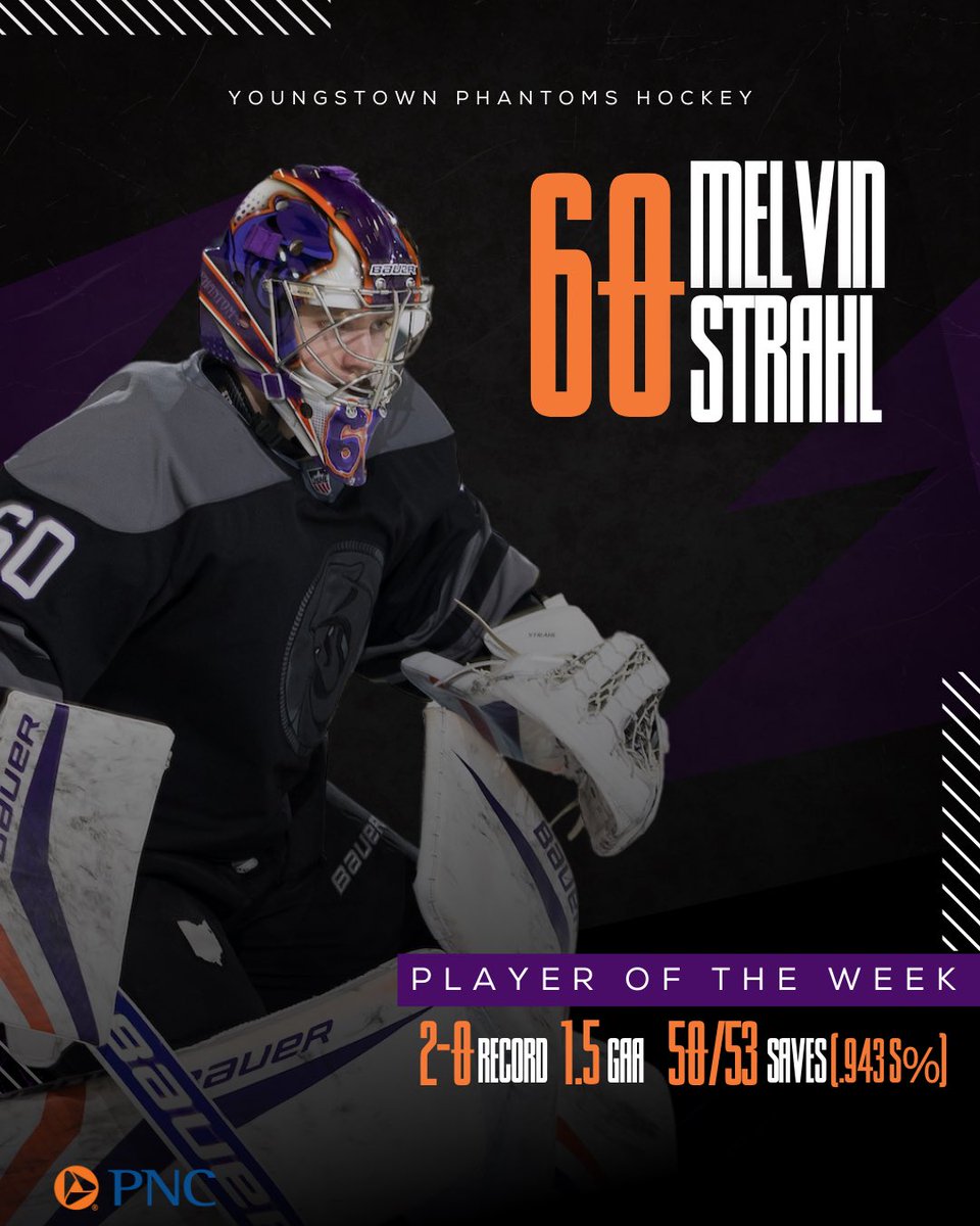 This week’s @pncbank Player of the Week is Melvin Strahl who went 2-0 this weekend saving 50/53 shots! 

#youngstownphantoms