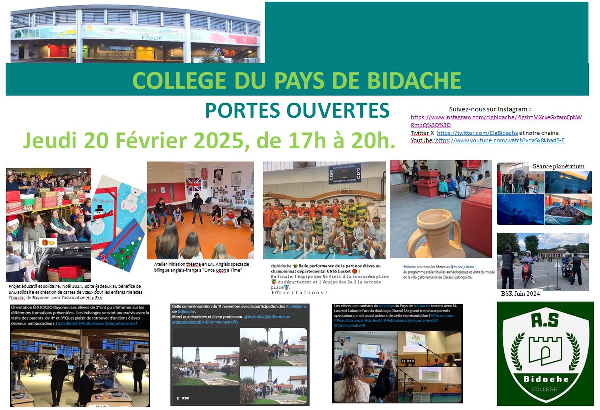 ClgBidache's tweet photo. PORTES OUVERTES JEUDI  20 FEVRIER 2025, au collège du Pays de #Bidache.@dsden64 @departement64 @AcBordeaux https://t.co/CEcCRSH0Sc
