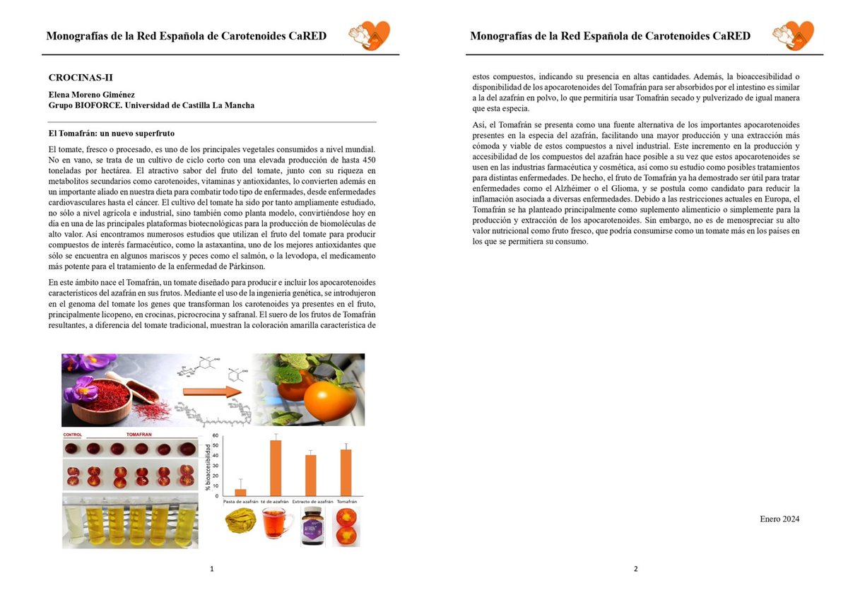 Aquí va la monografía de febrero de CaRed sobre las 'Crocinas y el Tomafran', realizada por Elena Moreno Giménez del Grupo BIOFORCE de la UCLM