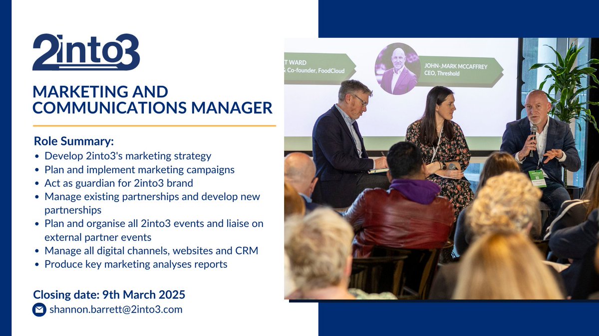 We're hiring a new Marketing &amp; Communications Manager to lead on all marketing activities. Apply before 9th March or visit here to learn more: 2into3.com/portfolio-item… #Marketing #Comms #Consultancy #Nonprofit #Hiring