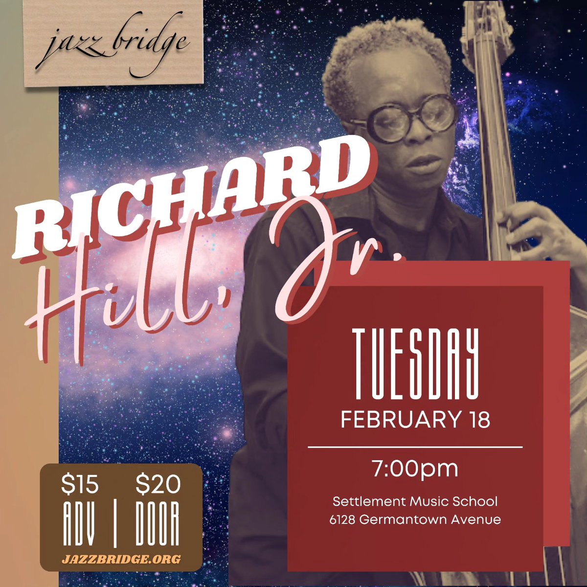 Come out to our Benoliel-Germantown Branch tomorrow evening for a Jazz Bridge concert featuring bassist Richard Hill, Jr.! Hill has performed with jazz legends like Bobby Zankel, Sumi Tonooka, Wynton Marsalis, Bilal, Nicholas Payton, and even the United States Army Band.