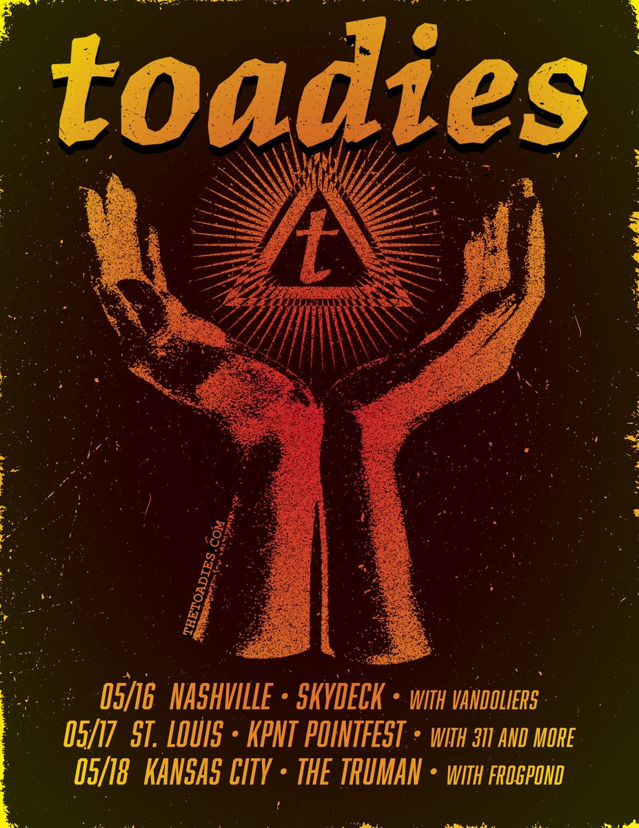 Toadies (Official) (@thetoadies) on Twitter photo Making Monday mornings better .... lets announce some new shows! Friday, May 16th <a href="/Skydeckbroadway/">Skydeck on Broadway</a> with <a href="/vandoliers/">Vandoliers</a>. Saturday,May 17 KPNT Pointfest, STL. Sunday, May 18 <a href="/thetrumankc/">The Truman</a> with Frogpond Making Monday mornings better .... lets announce some new shows! Friday, May 16th <a href="/Skydeckbroadway/">Skydeck on Broadway</a> with <a href="/vandoliers/">Vandoliers</a>. Saturday,May 17 KPNT Pointfest, STL. Sunday, May 18 <a href="/thetrumankc/">The Truman</a> with Frogpond