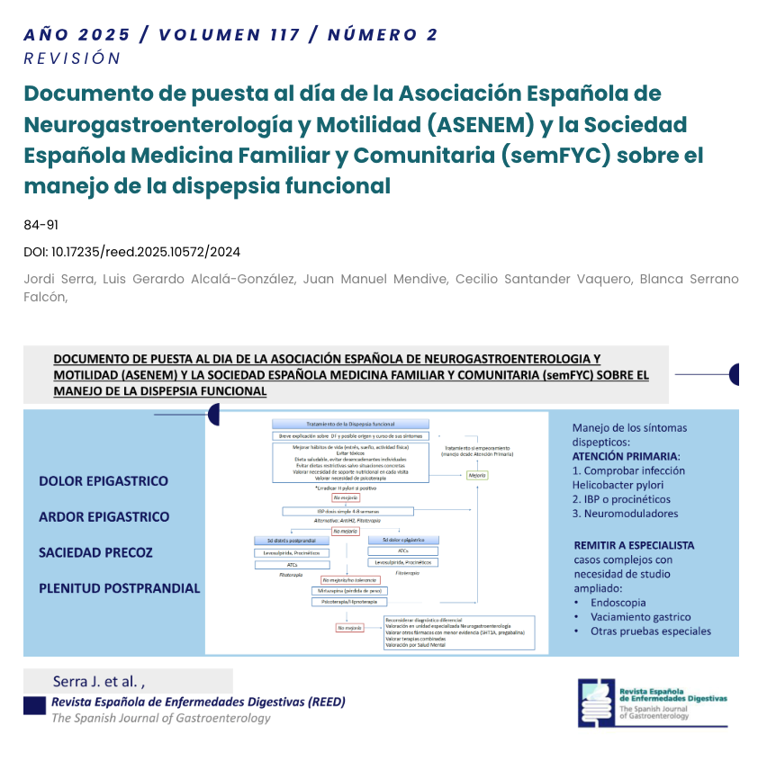 sepdigestiva's tweet photo. Revisión | @REEDigestivas_ 

📖 Documento de puesta al día de la Asociación Española de Neurogastroenterología y Motilidad (@ASENEM_) y la Sociedad Española Medicina Familiar y Comunitaria (@semfyc) sobre el manejo de la dispepsia funcional

🔗 https://t.co/avknc6JtYH

🔓#OpenAccess