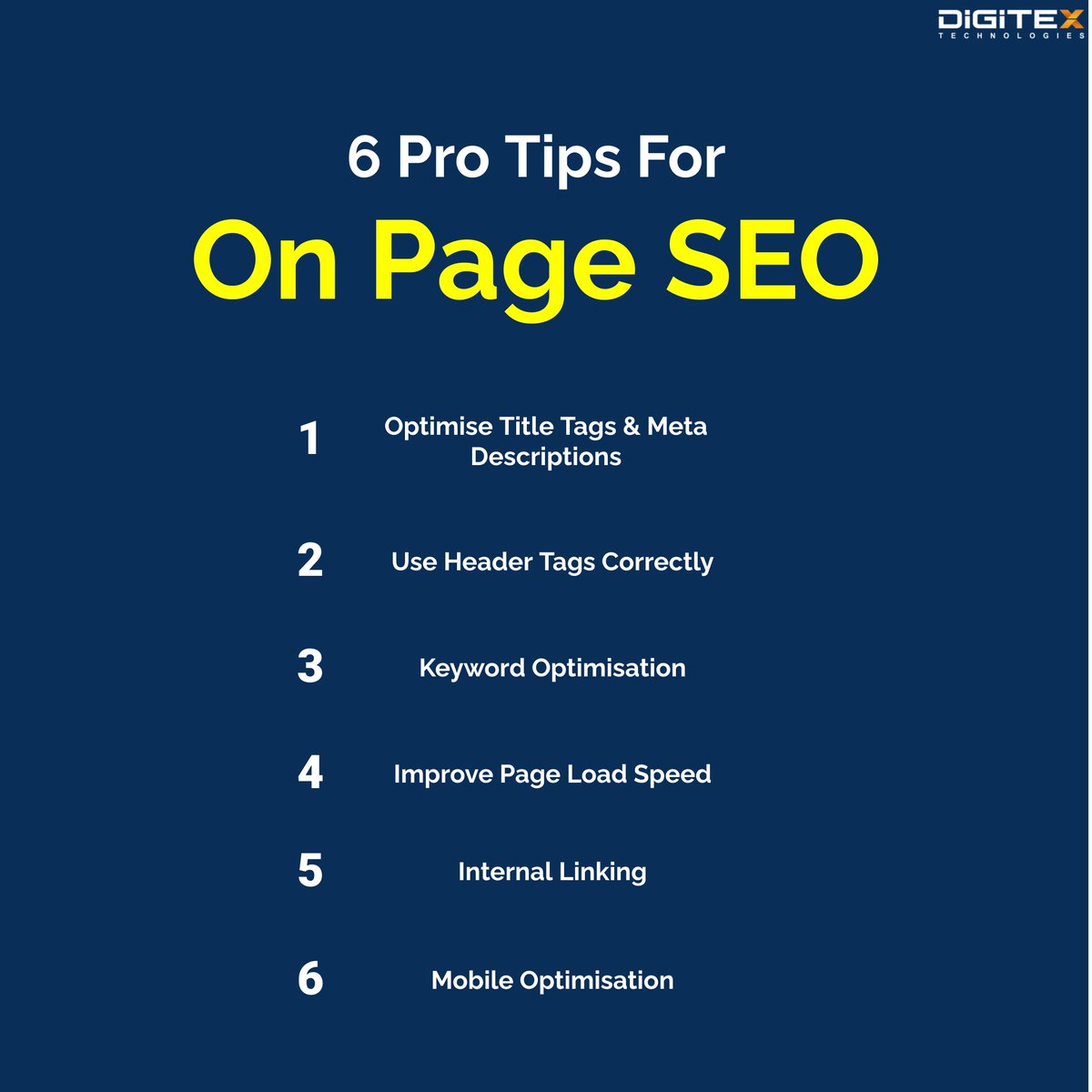 DigitexUK's tweet image. On-page SEO is the foundation of a successful website. Here are 6 tips that will help you climb the rankings and enhance user engagement. 📊💡 #DigitexTechnologies #DigitalMarketing #SEOforSuccess