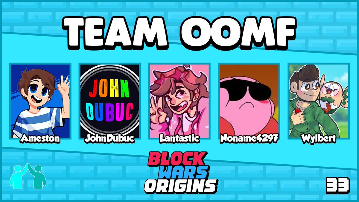Wait... I KNOW THIS TEAM!!! I KNOW THEM!!!

📢Announcing <a href="/AmestonMC/">Ameston</a> <a href="/JohnDubuc_/">JohnDubuc</a> <a href="/lantastictv/">lan's alt!!!</a> <a href="/Noname4297/">Noname</a> and <a href="/Wylbert_/">Wylbert</a> on Team Oomf!📢

Watch them be the bestest of friends in Block Wars Origins 33 on March 1st at 2 PM EST!