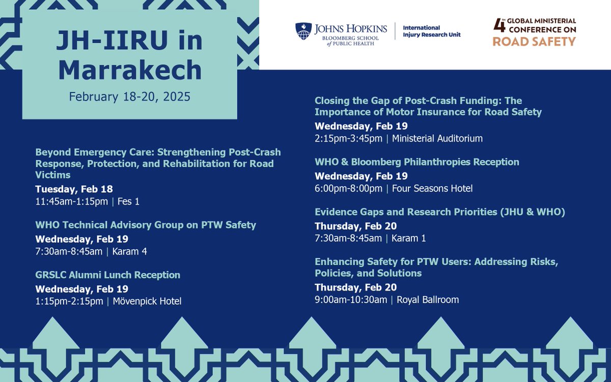 HopkinsINJURIES's tweet image. JH-IIRU is excited to be in Morocco, for the 4th Global Ministerial Conference on Road Safety! 

We look forward to key discussions, connecting with colleagues, and working together to #CommitToLife. 🌍

Take a look at our agenda to follow our involvement in the conference!