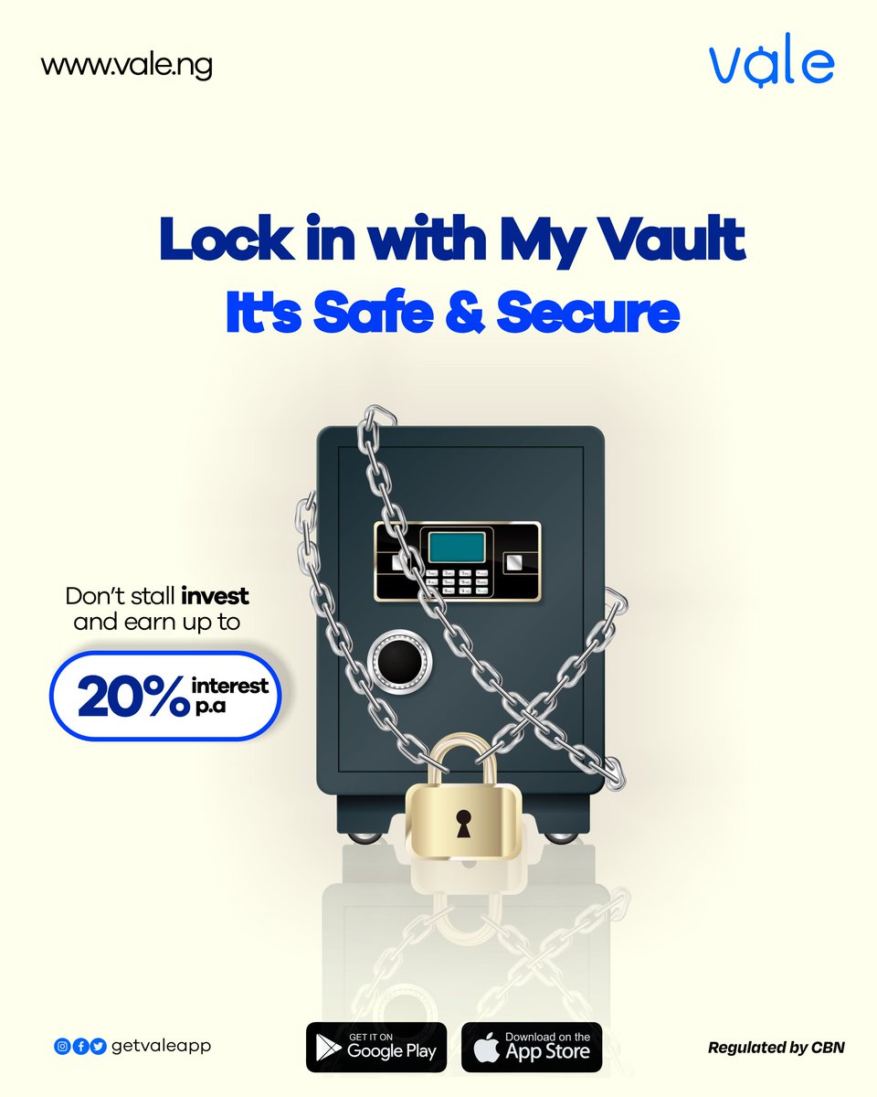 getvaleapp's tweet photo. Lock it in and chill while your money works for you.
Earn up to 20% p.a with My Vault.
Safe, secure, and stress-free. You also get an investment certificate too.
#Vale #Valefinance https://t.co/ZdmKxEKADl