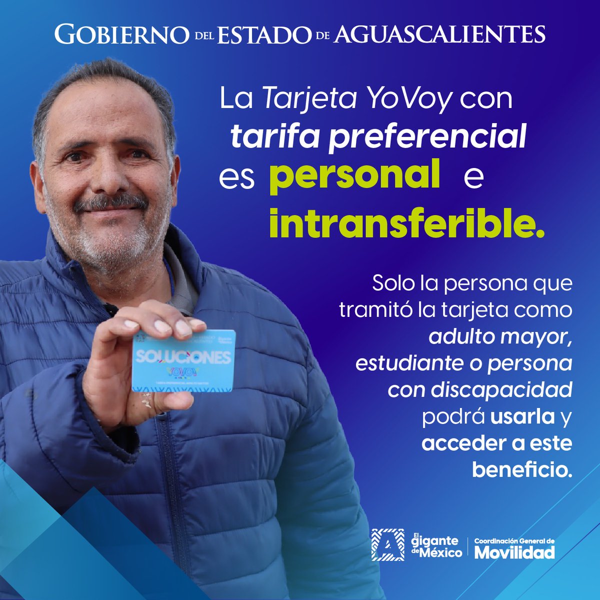 La Tarjeta YoVoy que brinda acceso a la tarifa preferencial a adultos mayores y estudiantes es un beneficio exclusivo para quienes la tramitan.

Te invitamos a hacer un buen uso de este documento oficial que es intransferible, de lo contrario, la tarjeta puede ser inactivada.