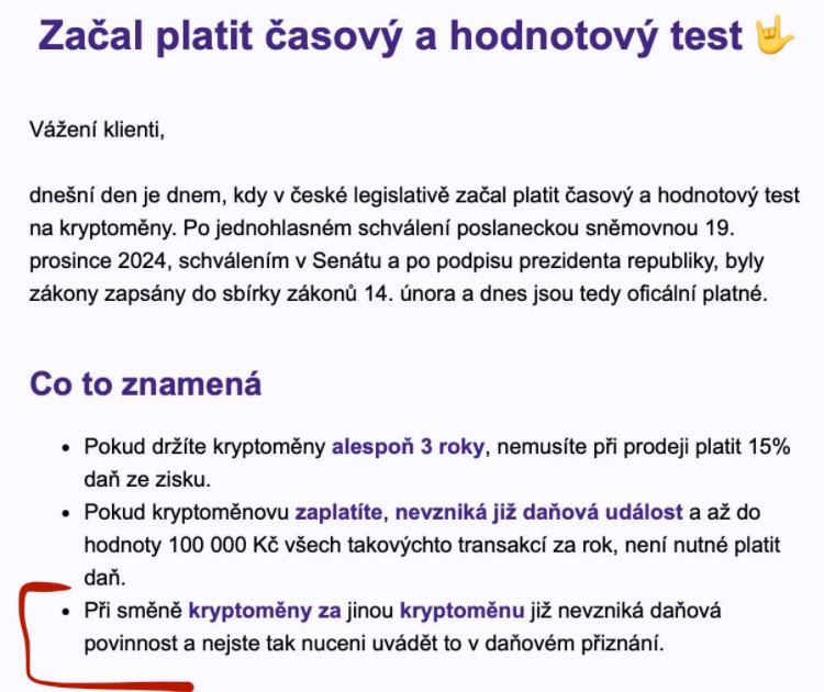 MalikusCZ's tweet photo. Tohle mi přišlo v newsletteru z @SimpleCoinCZ a nejsem tedy daňový ani finanční specialista, ale řekl bych, že to není pravdivá, nebo přinejmenším přesná informace.
Možná by @KirillJuran mohl malinko objasnit. Předem děkuji. https://t.co/WPZM4xWyNz