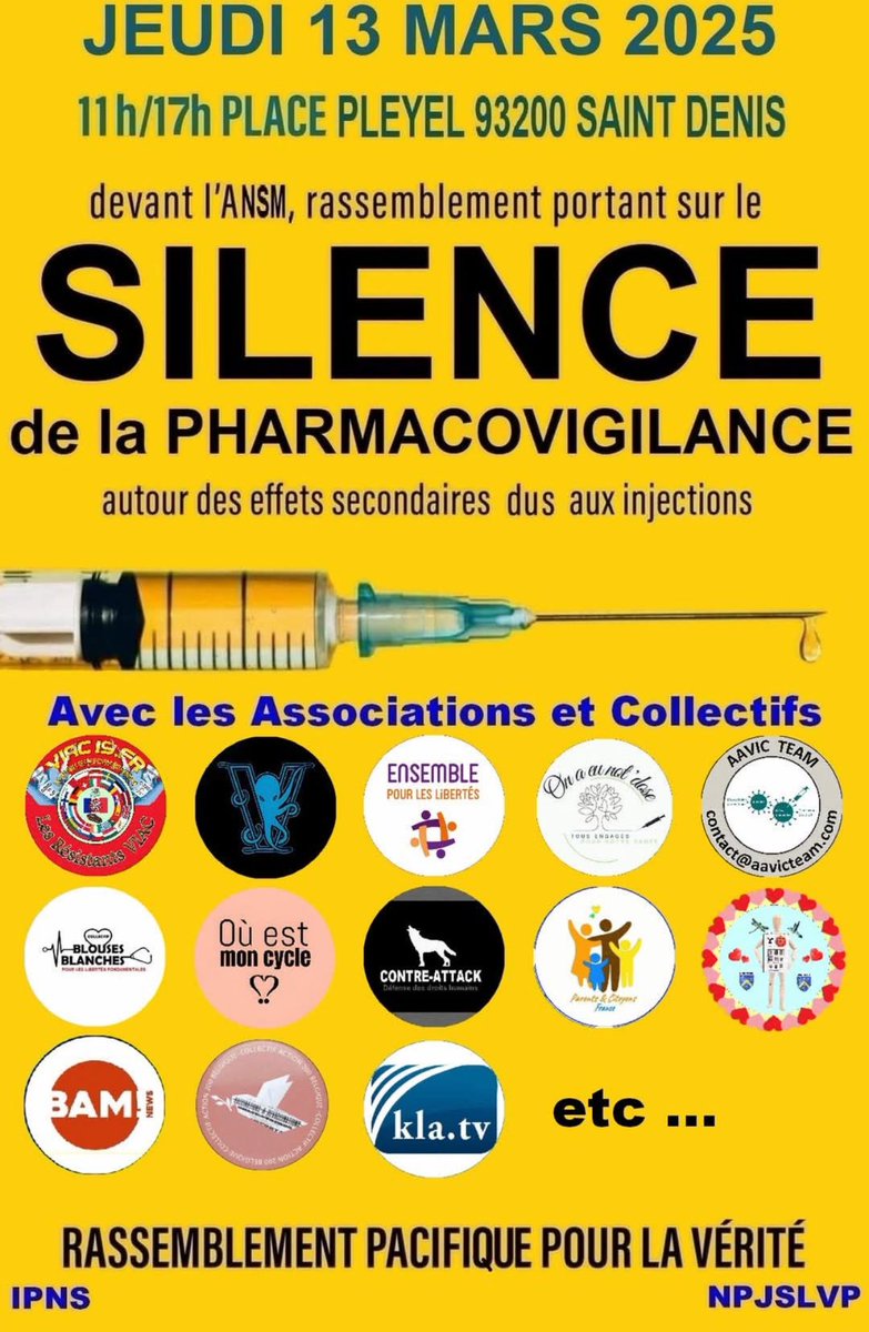 Jeudi 13 mars, vous venez ?

Appel à la manifestation devant les bureaux de l'ANSM ✊🏼

Pour la transparence sur les effets secondaires des vaccins COVID-19💉

📍 Place Pleyel, 93200 Saint-Denis
🗓️ Jeudi 13 mars
🕙 11h-17h

Nous, citoyens, parents, professionnels de santé et