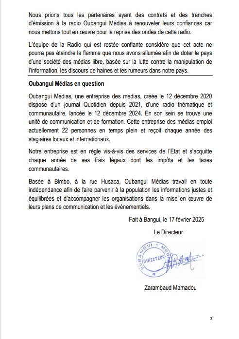 #Centrafrique: Cambriolage cette nuit au siège de la radio Oubangui Médias. Voici le communiqué y relatif
<a href="/RFIAfrique/">RFI Afrique</a> <a href="/UN_CAR/">MINUSCA</a> @EU_Centrafrique <a href="/OCHA_CAR/">OCHA CAR</a> <a href="/RSF_fr/">RSF en français</a> <a href="/vianney_ingasso/">Vianney Ingasso</a> <a href="/fridolinngoulou/">Fridolin Ngoulou</a> <a href="/EmbassyBangui/">U.S. Embassy Bangui</a> <a href="/FranceBangui/">La France à Bangui</a>