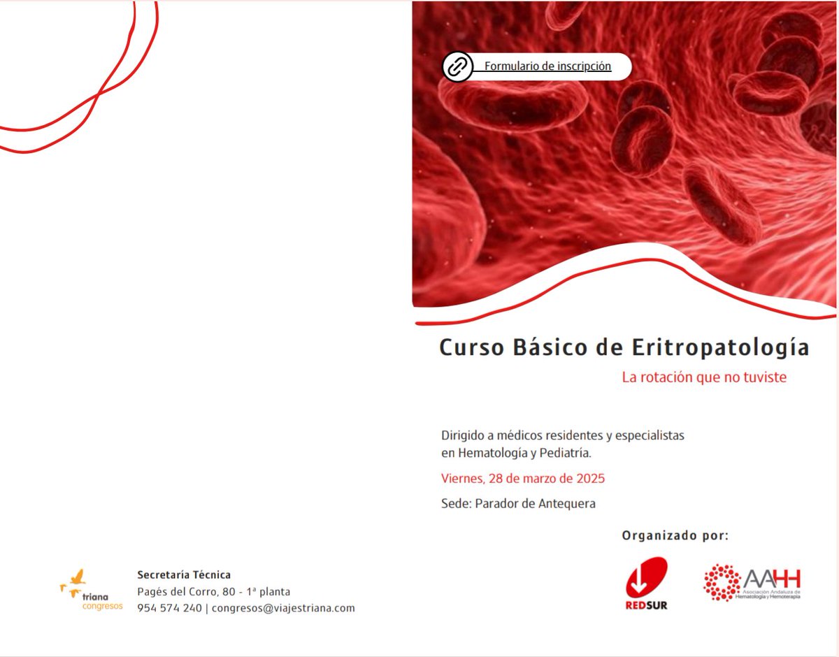 salvadorpayan's tweet image. 1/2 💥¿No tuviste rotación de #Eritropatología? #REDSUR, la Red de Eritropatología del Sur, organizamos nuestro I Curso Básico, presencial en Antequera (AVE 🚄), el viernes 28 de marzo, para hematólogos y pediatras.

Inscripción: aa-hh.org/events/eritrop…