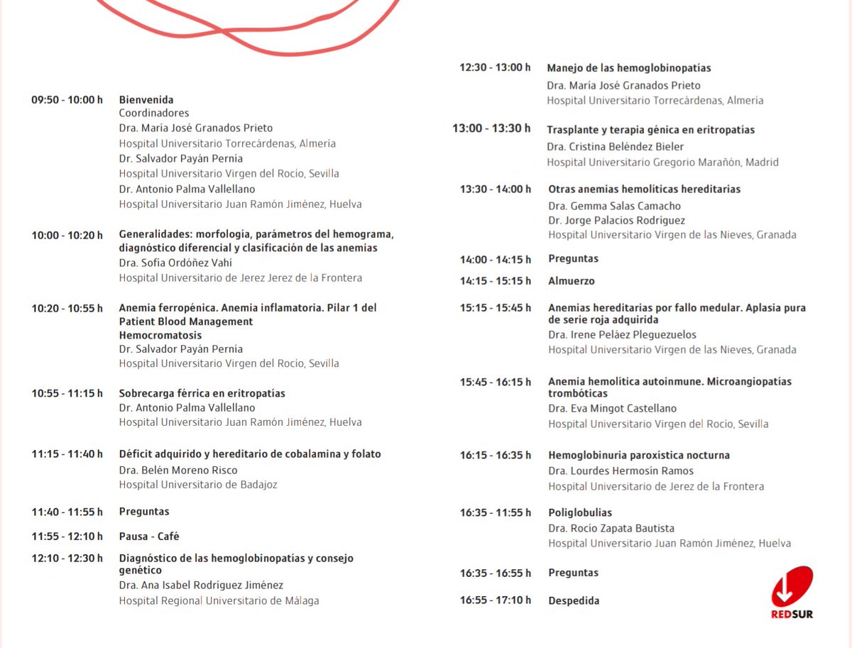 salvadorpayan's tweet image. 1/2 💥¿No tuviste rotación de #Eritropatología? #REDSUR, la Red de Eritropatología del Sur, organizamos nuestro I Curso Básico, presencial en Antequera (AVE 🚄), el viernes 28 de marzo, para hematólogos y pediatras.

Inscripción: aa-hh.org/events/eritrop…
