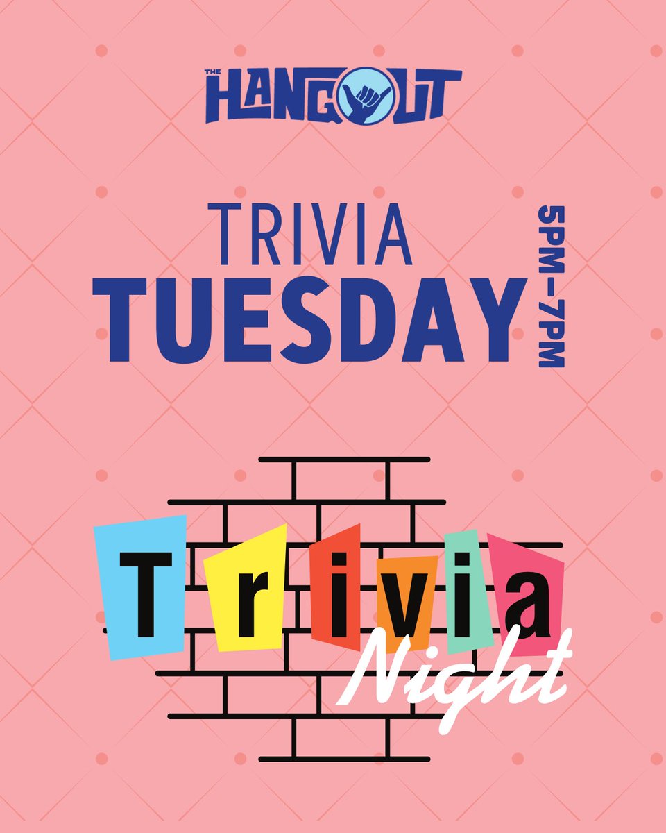 🧠 Trivia Tuesday is the place to be!
Gather your friends, grab a seat, and get ready for an epic trivia battle this Tuesday from 5-7 PM. 🏆 #TriviaChallenge #HangoutGames #TestYourTrivia