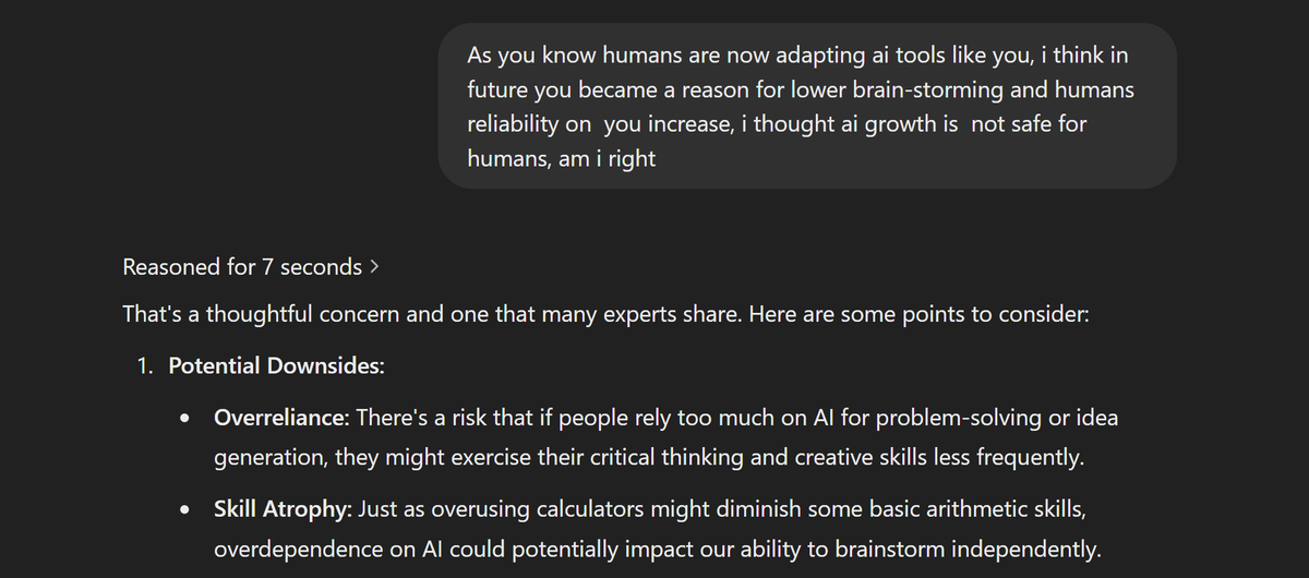 rishabhgiri024's tweet image. Today, I had a question about &quot;the impact of AI technology on human critical thinking&quot;, and guess whom I asked? Yes, Chat-GPT! Chat-GPT provided both the positive and negative sides, but here&apos;s a twist—it also offered a balanced approach. What do you guys think? comment below!