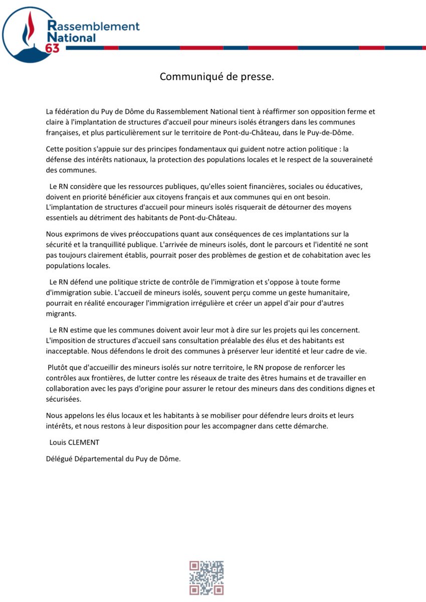 RN63_off's tweet photo. 🔵  Notre communiqué de presse.
Nous réaffirmons notre opposition au projet de centre d’accueil pour mineurs isolés à Pont-du-Château. https://t.co/hmsePWEkuT