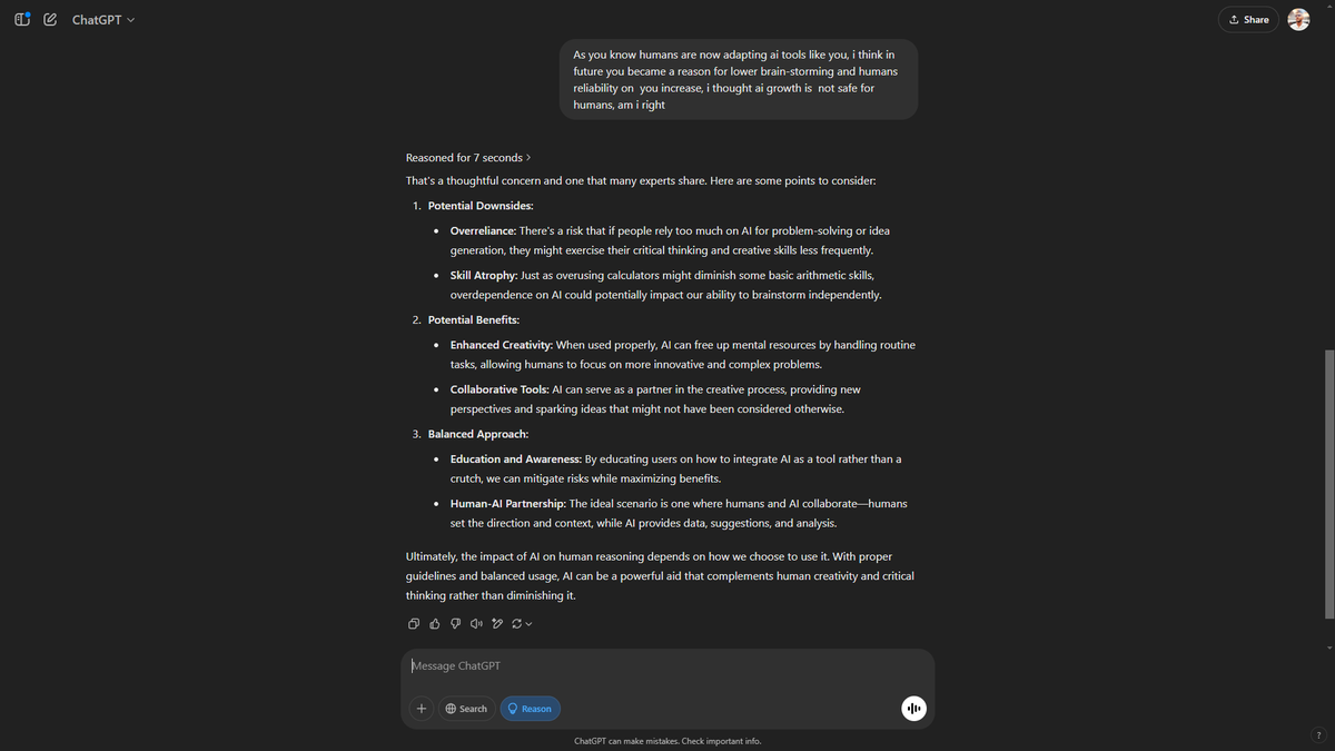 rishabhgiri024's tweet image. Today, I had a question about &quot;the impact of AI technology on human critical thinking&quot;, and guess whom I asked? Yes, Chat-GPT! Chat-GPT provided both the positive and negative sides, but here&apos;s a twist—it also offered a balanced approach. What do you guys think? comment below!