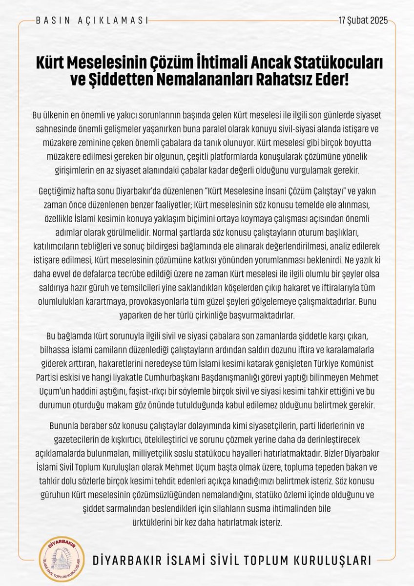 Kürt Meselesinin Çözüm İhtimali Ancak Statükocuları ve Şiddetten Nemalananları Rahatsız Eder!

DİYARBAKIR İSLAMİ SİVİL TOPLUM KURULUŞLARI.