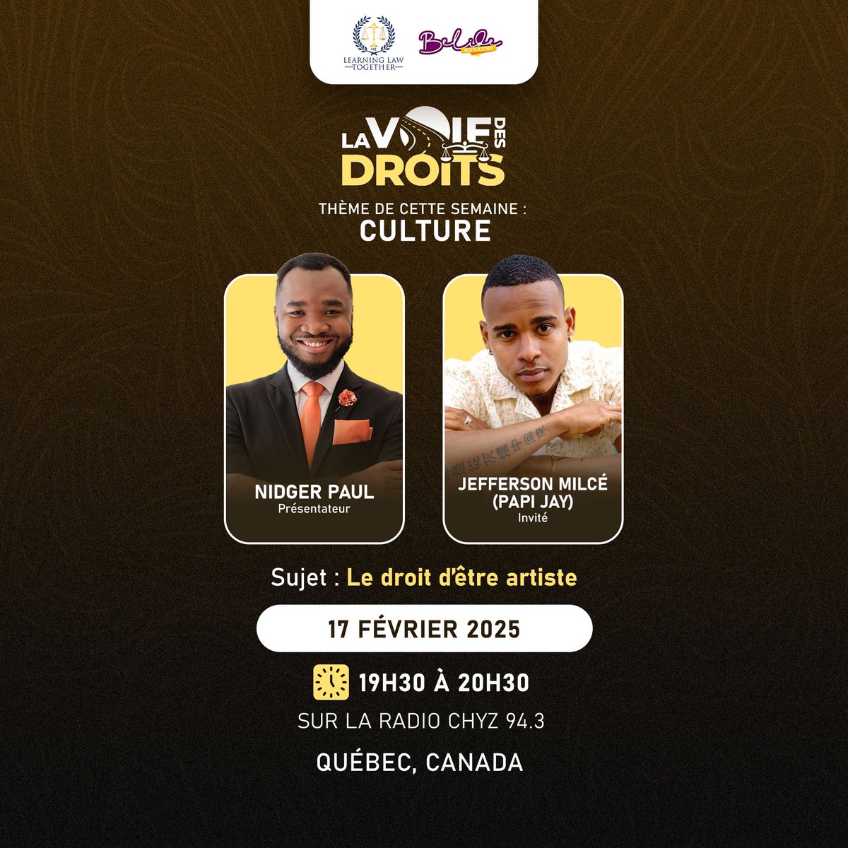 Nous avons l’honneur de recevoir aujourd’hui le chanteur <a href="/papi_jay/">Jhovani</a> à l’émission, LA VOIE DES DROITS avec l’animateur <a href="/NidgerPaul/">Nidger PAUL</a>. 

Restez branchés ! 
<a href="/BelideMagazine/">BÈLIDE MAGAZINE</a>.