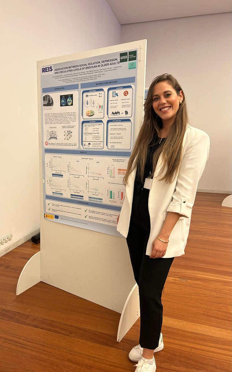 PhD Leyre Castillejo presented her poster on older adults, showing that higher Brevican levels were associated with higher depression scores 🫥 in men, while lower Serum Brevican levels were linked to more friendships🩵.
#Neuroscience #Aging #Brevican #Depression #SocialIsolation