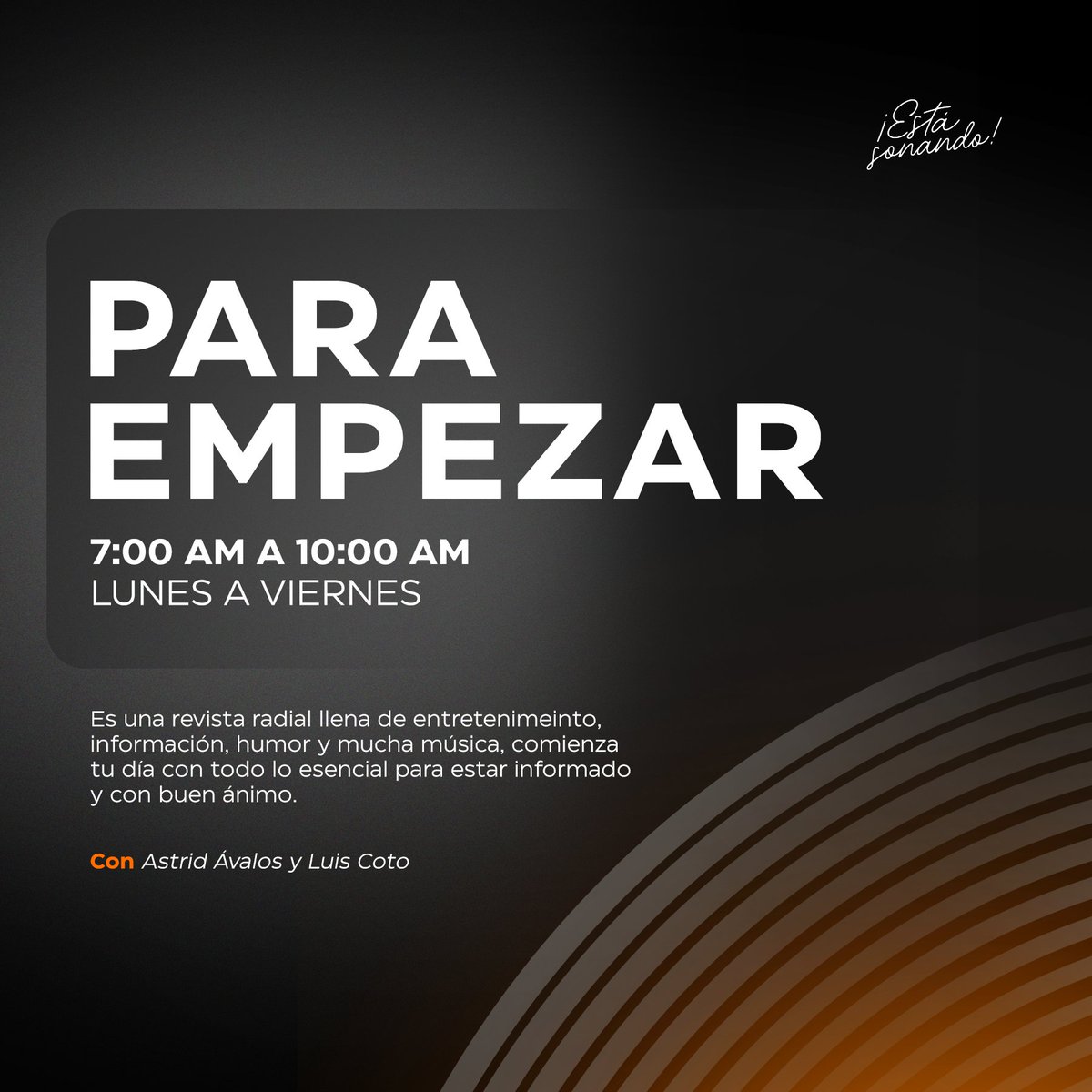 ¡Las mañanas tienen otro ritmo con <a href="/AstridAvalos/">Astrid Ávalos</a> y <a href="/luigicoto/">Luis Coto</a>!☀️🎙️
Información y la mejor música #ParaEmpezar🌥️ el día con buena vibra.☕🔥

📻Sintonízanos de lunes a viernes y únete a la conversación. 

🎧bit.ly/MyTuner969FM
🔗bit.ly/TuneIn969FM
📲WhatsApp: 7915 3310